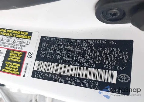 2022 Toyota Camry Se z USA, uszkodzony, nr VIN 4T1G11AK1NU700638